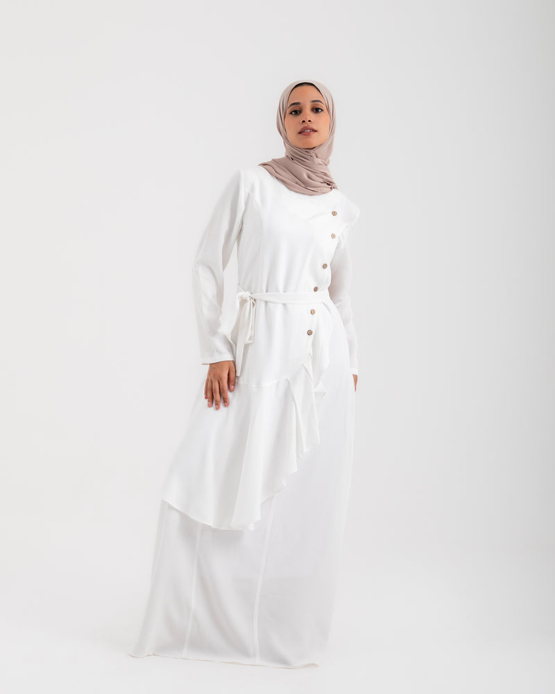 Linen Buttoned Ruffle Dress Offwhite C198