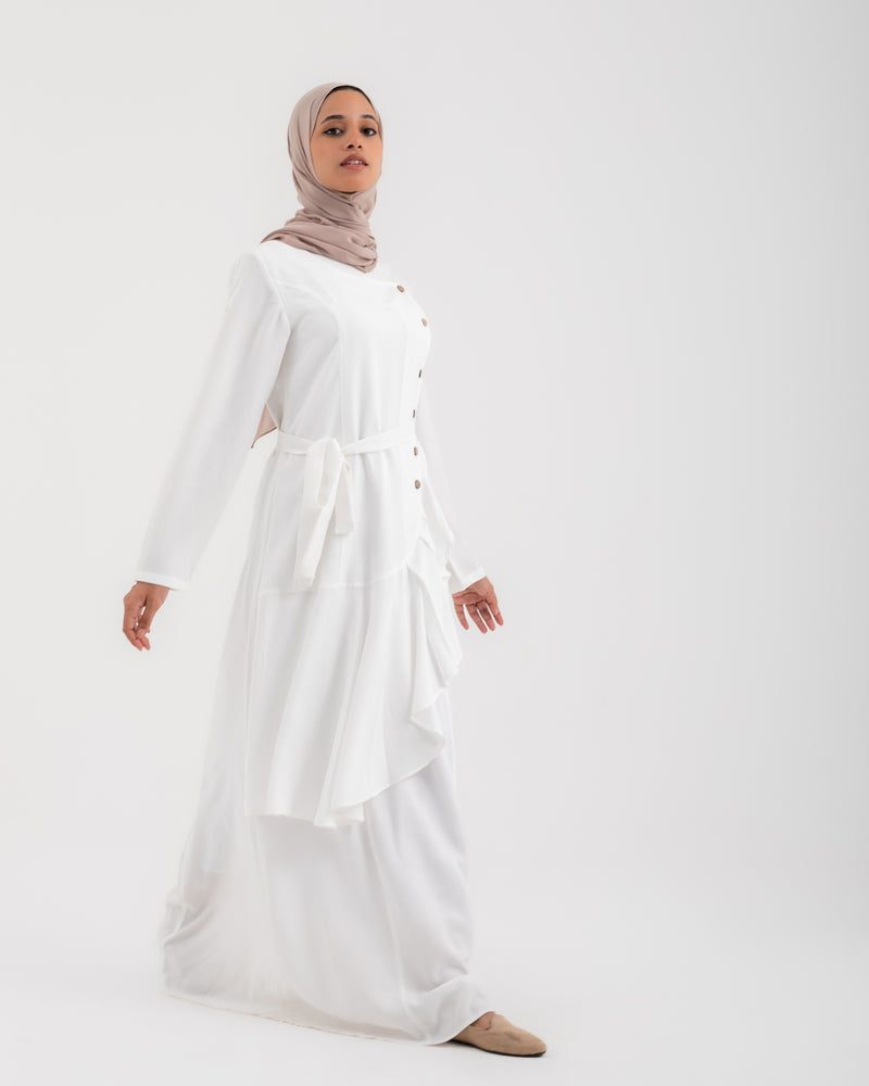 Linen Buttoned Ruffle Dress Offwhite C198