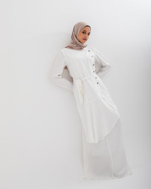 Linen Buttoned Ruffle Dress Offwhite C198