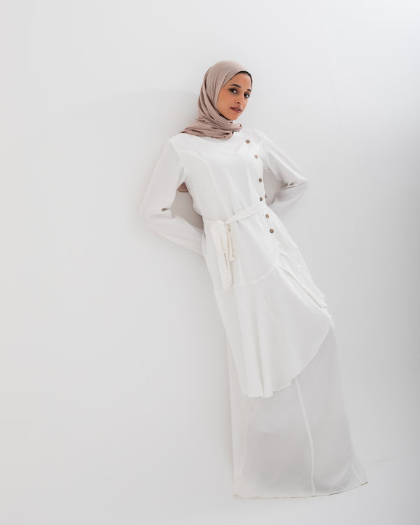 Linen Buttoned Ruffle Dress Offwhite C198