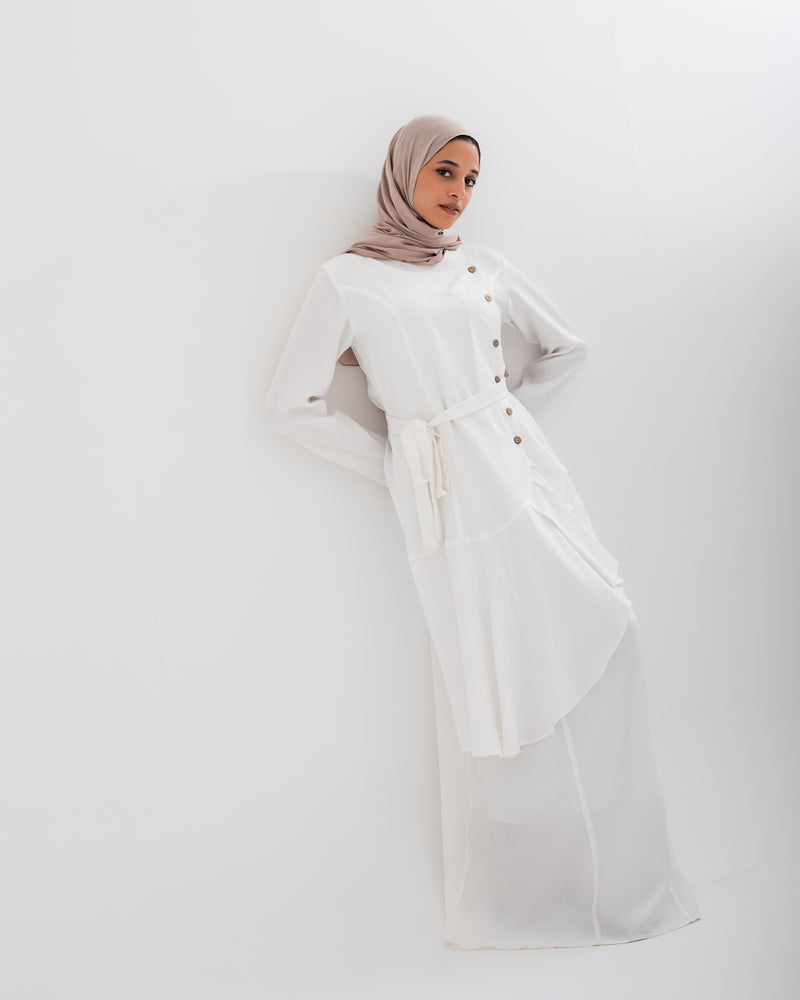 Linen Buttoned Ruffle Dress Offwhite C198