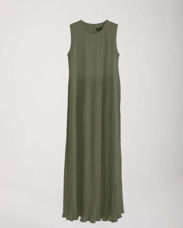 Sleeveless Pleated Dress Olive C202