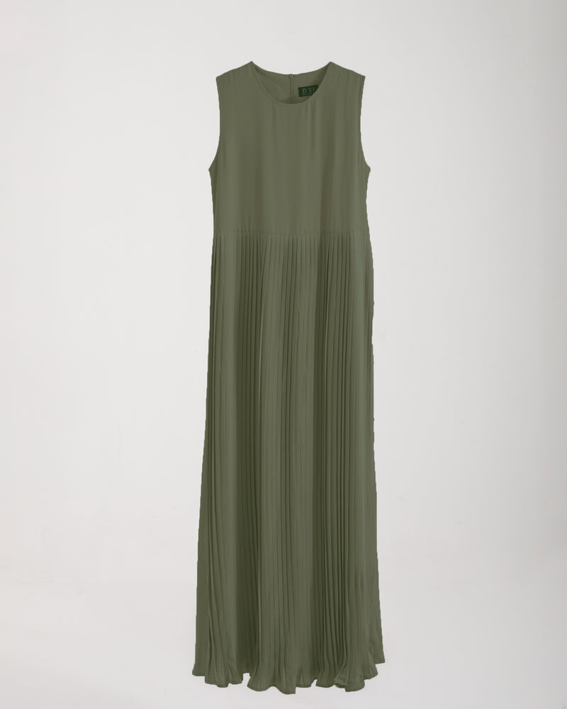 Sleeveless Pleated Dress Olive C202