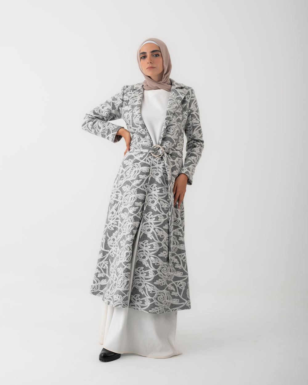 Embroidered Long Coat Grey C167