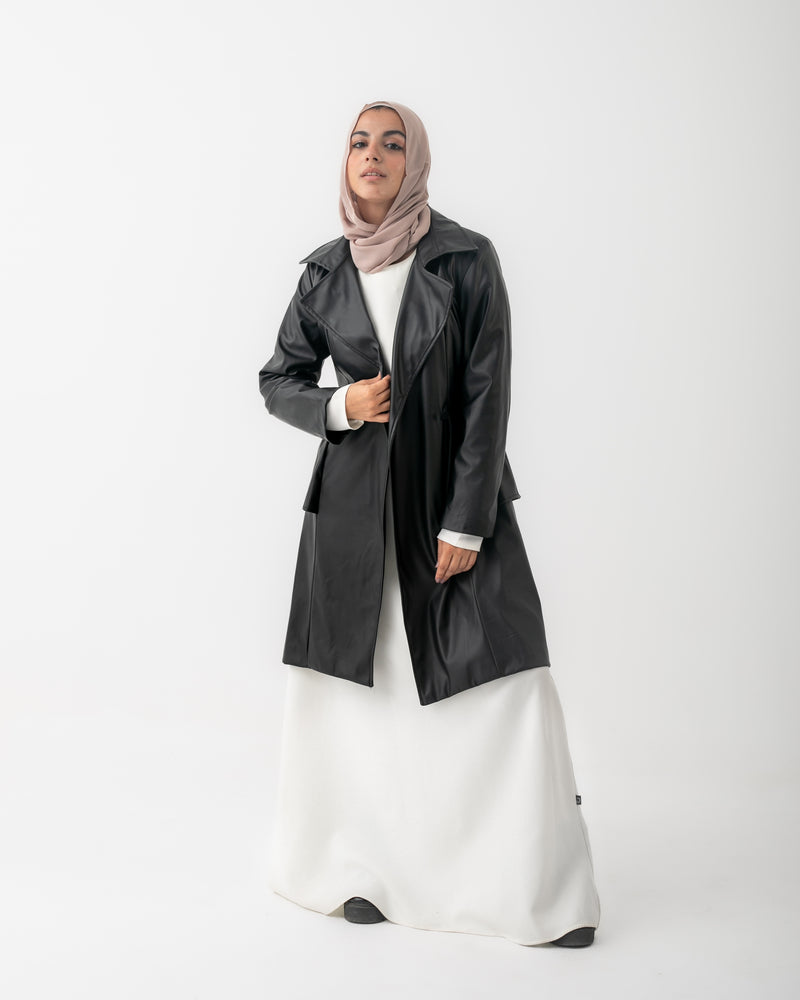 Double Breasted Leather Coat Black C125