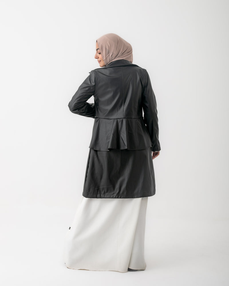 Double Breasted Leather Coat Black C125