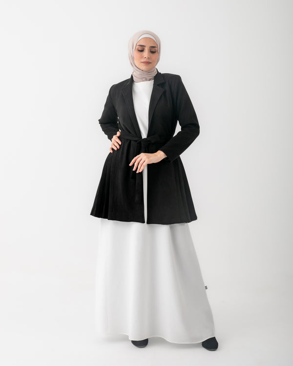 Suede Side Pleated Coat Black C194