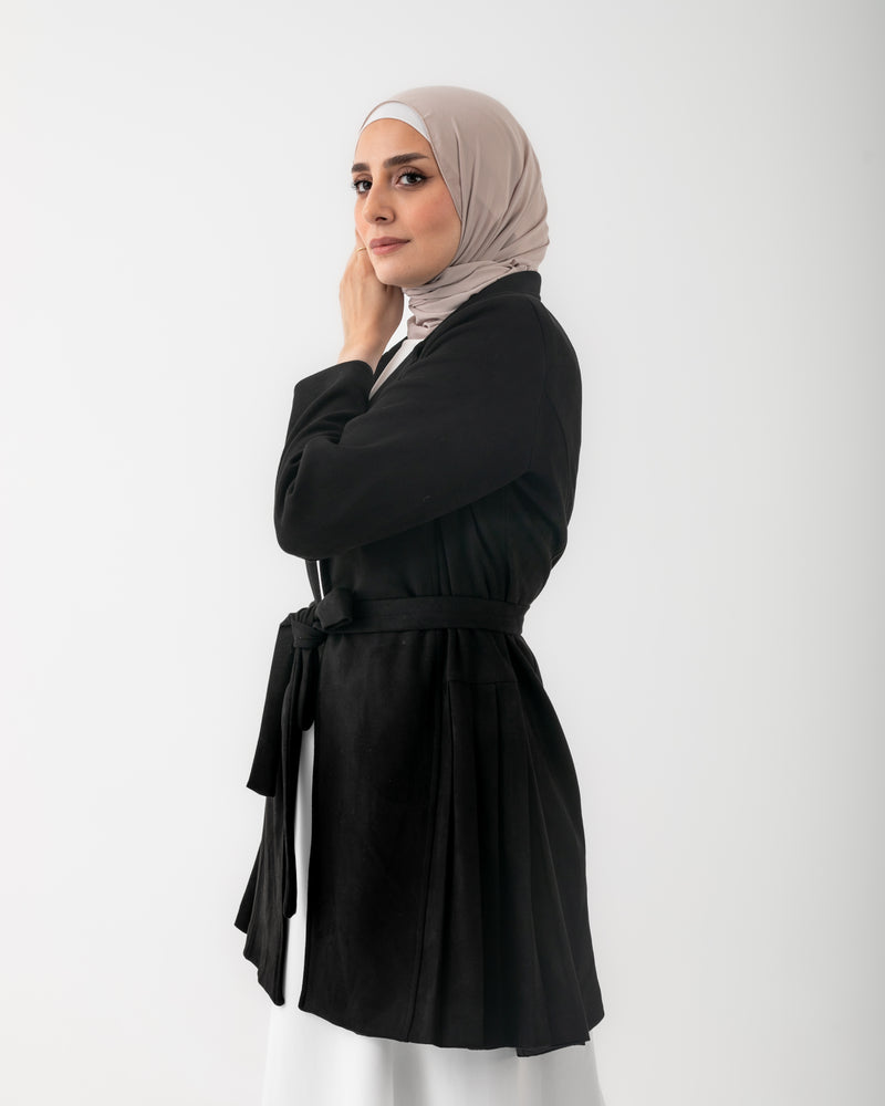Suede Side Pleated Coat Black C194