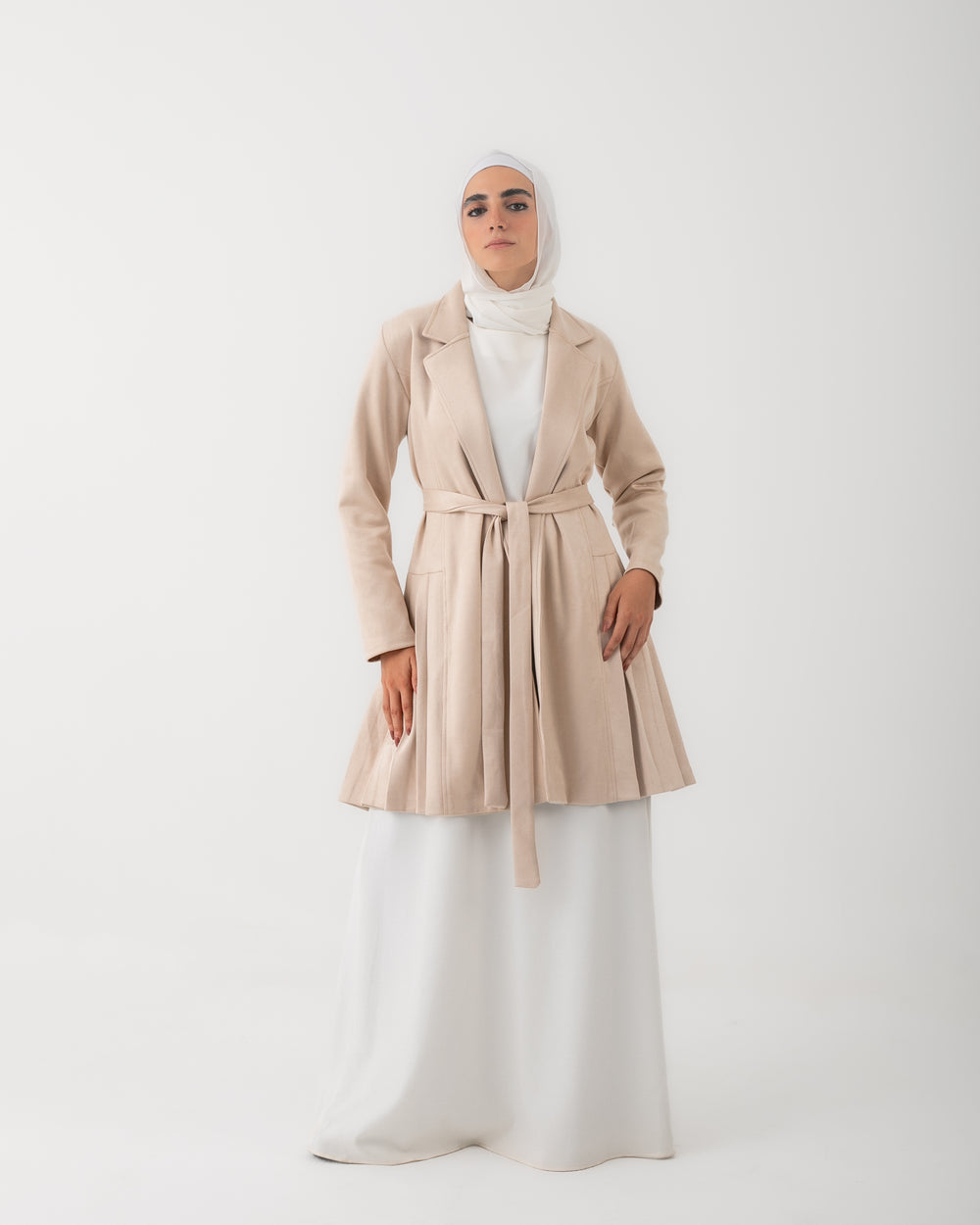 Suede Side Pleated Coat Cream C194