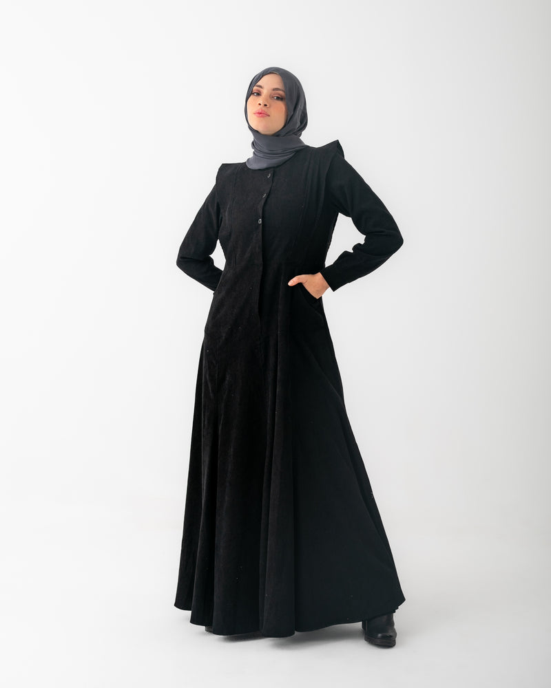 Corduroy Front Buttoned Dress Black C140