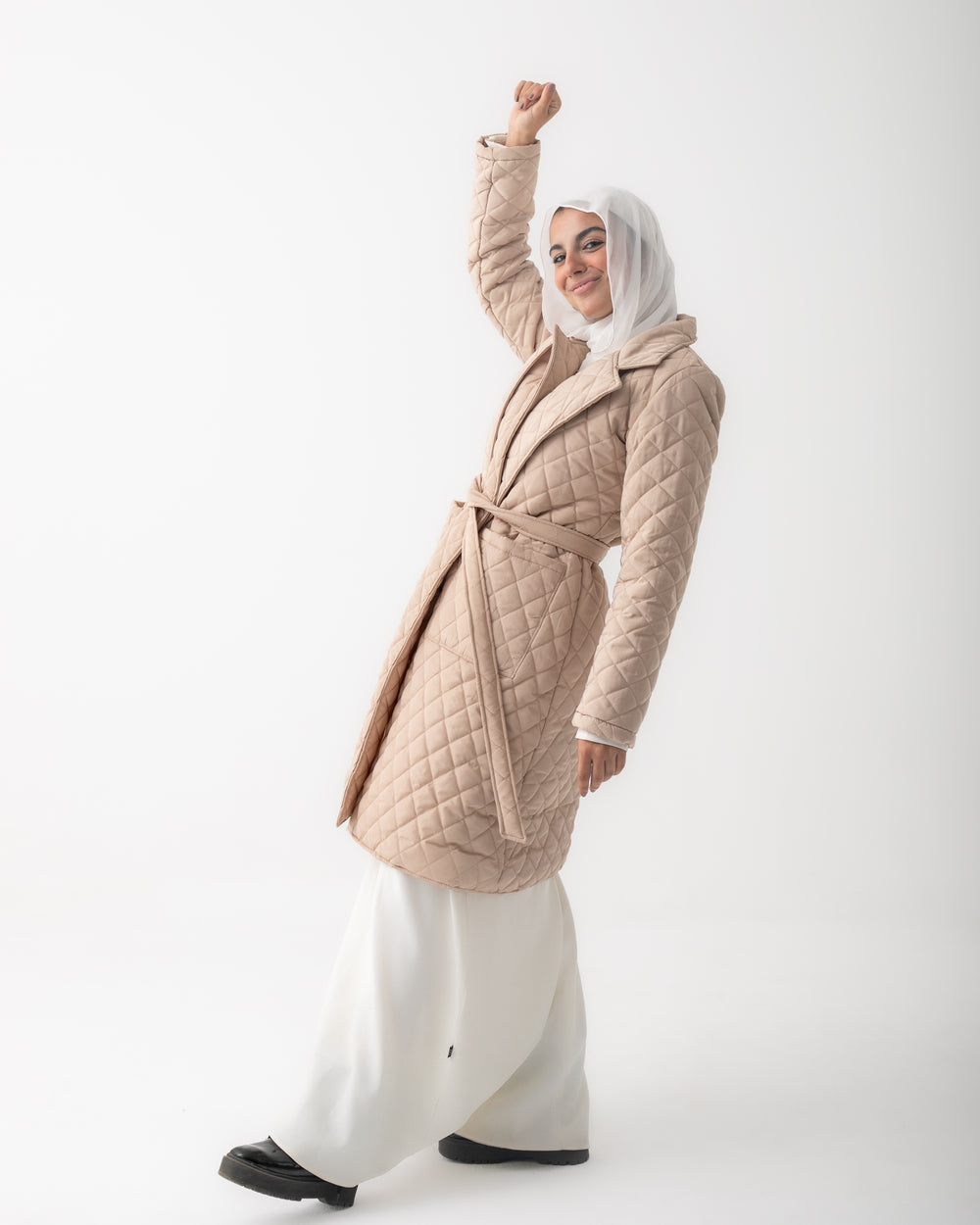 Quilted Long Puffer Coat Beige C210