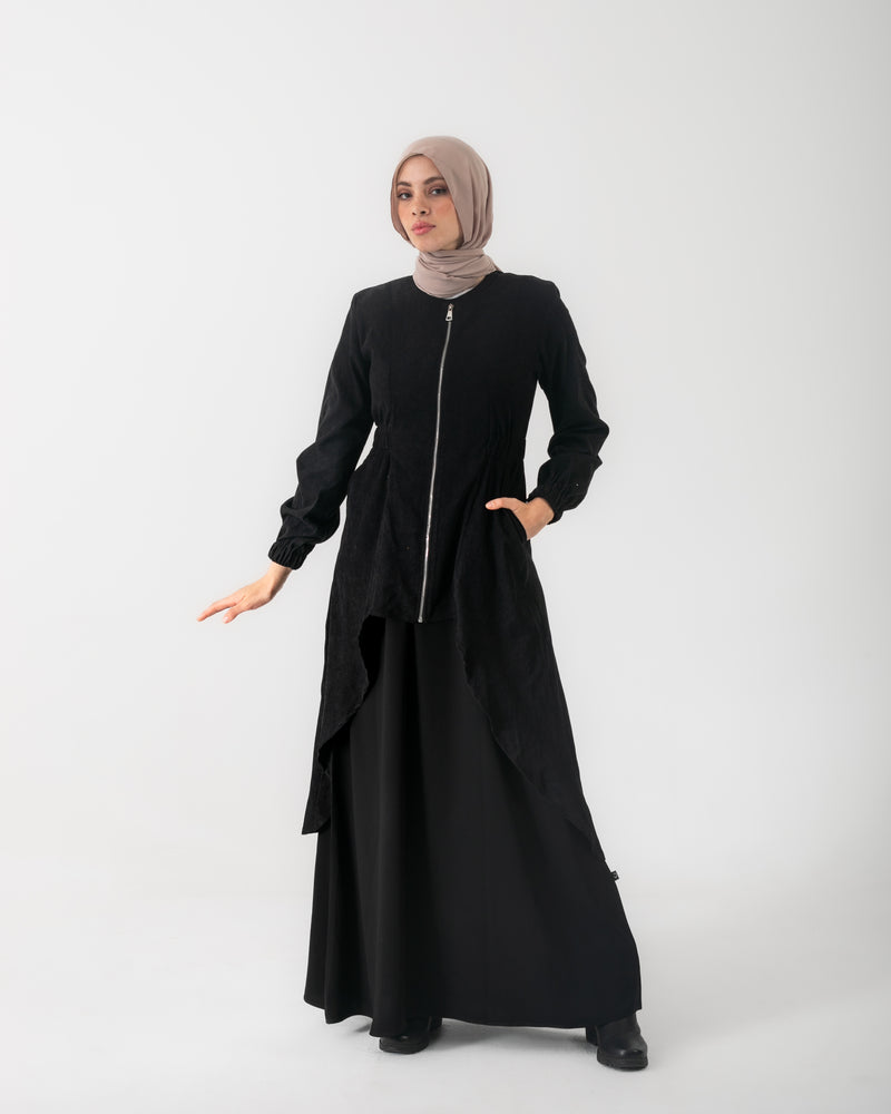 Corduroy Front Zipper Top Black C1771