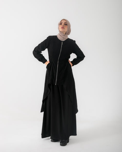 Corduroy Front Zipper Top Black C1771