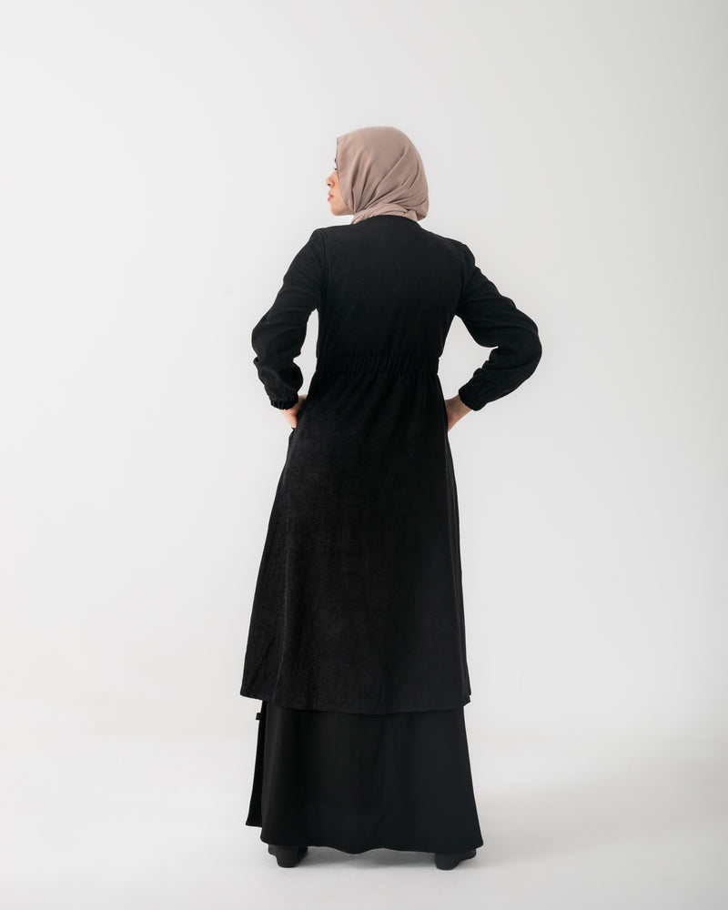 Corduroy Front Zipper Top Black C1771
