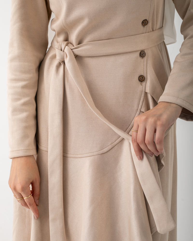 Suede Ruffle Dress Cream C1981