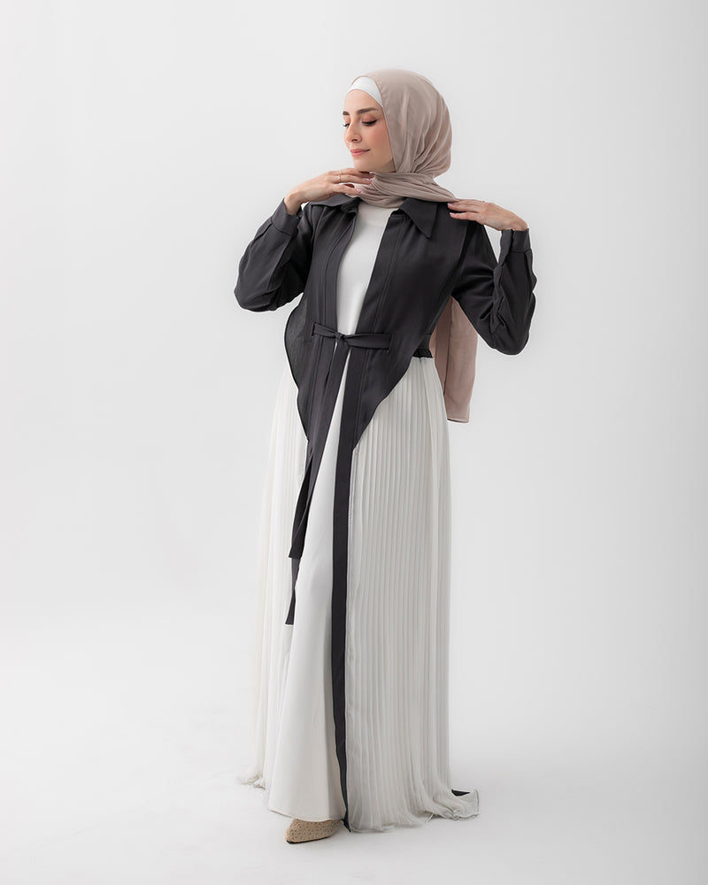 Open Pleated Abaya Grey C142