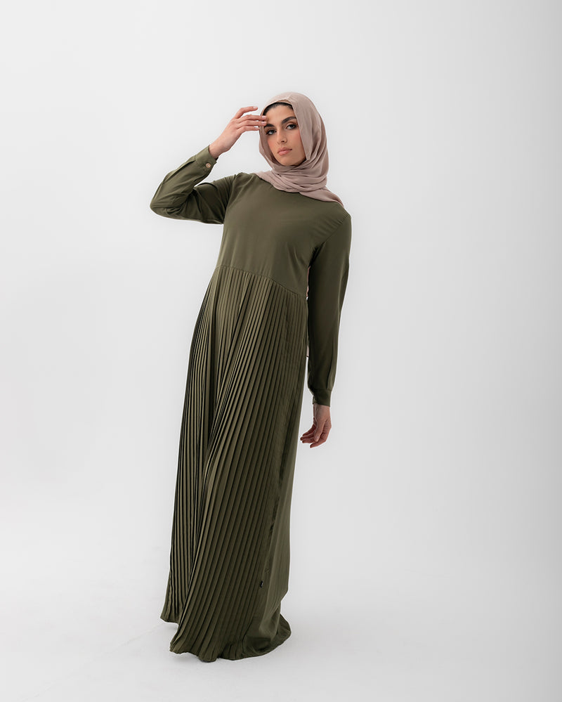Sleeved Pleated Dress Olive C211