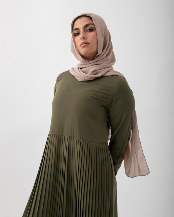 Sleeved Pleated Dress Olive C211