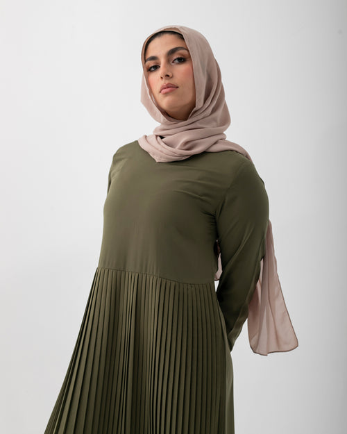 Sleeved Pleated Dress Olive C211