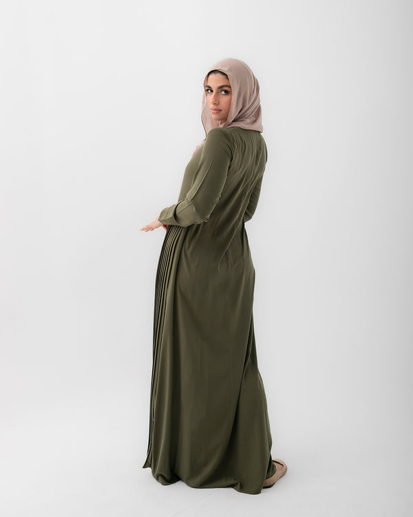 Sleeved Pleated Dress Olive C211