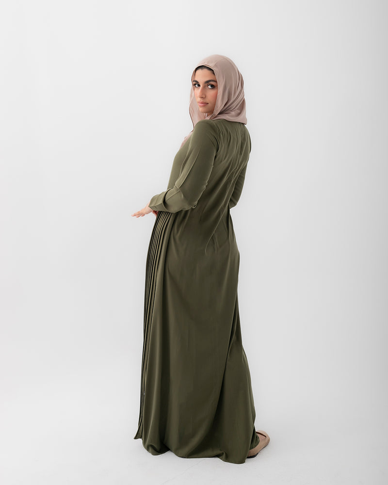 Sleeved Pleated Dress Olive C211