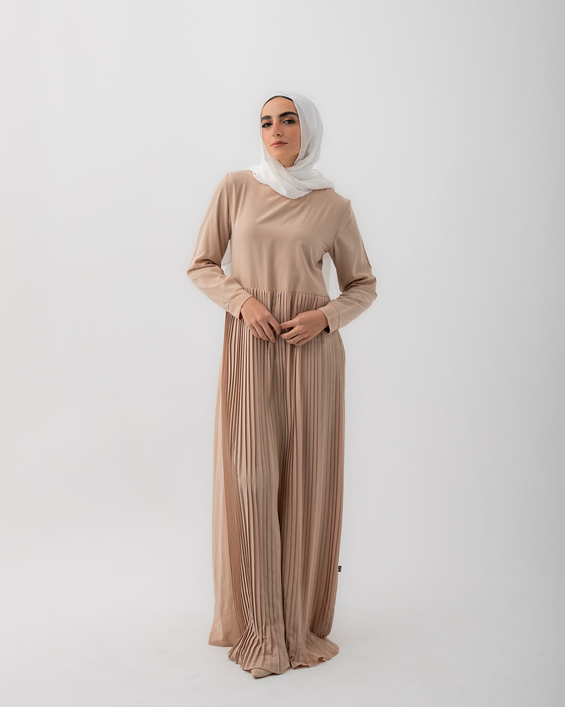 Sleeved Pleated Dress Beige C211