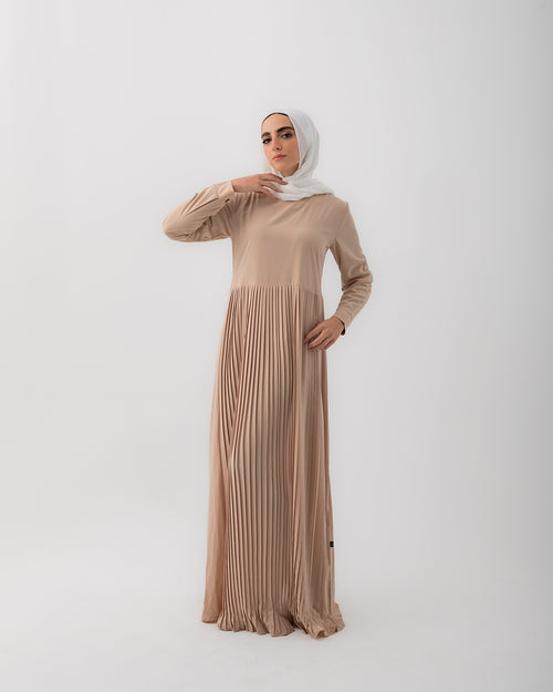 Sleeved Pleated Dress Beige C211