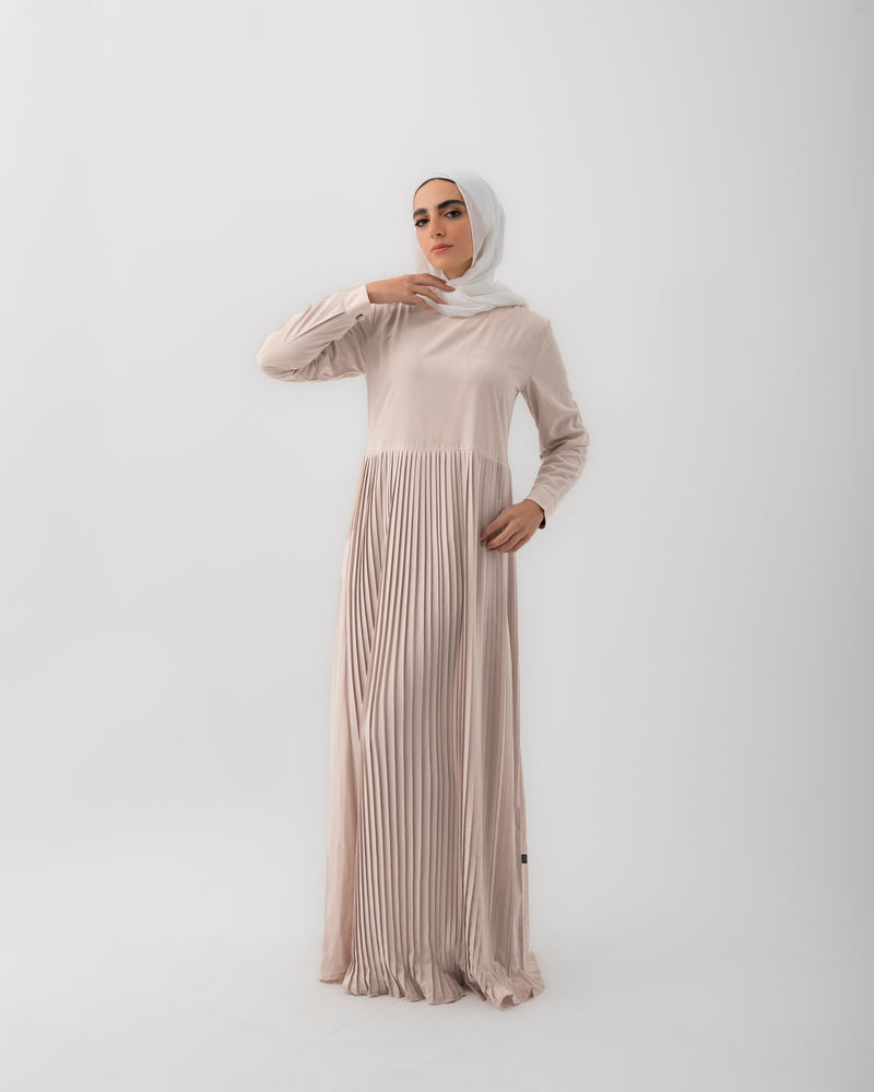 Sleeved Pleated Dress Cream C211