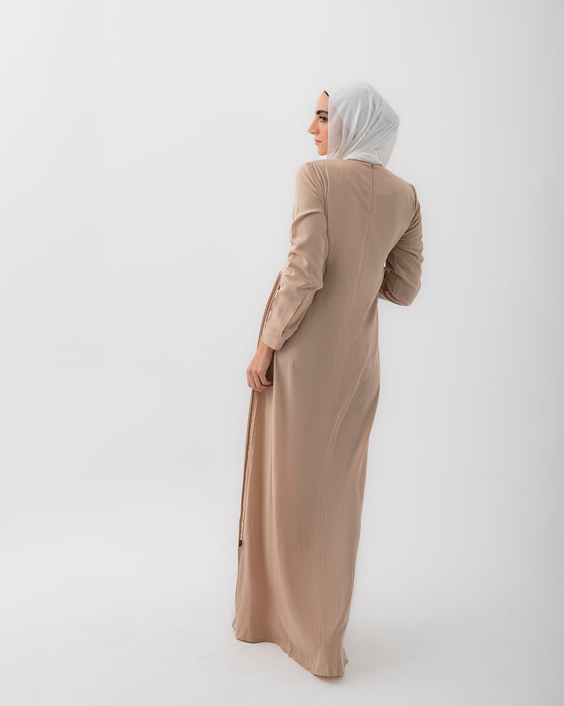 Sleeved Pleated Dress Beige C211