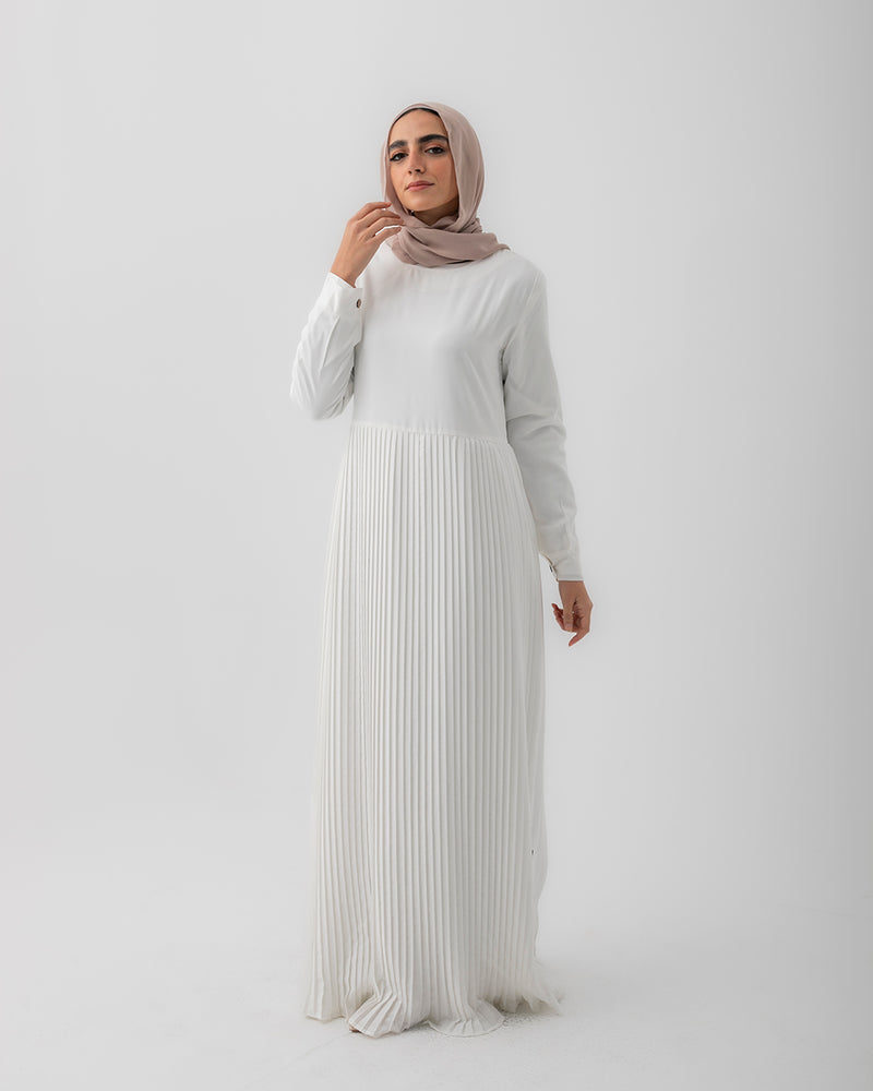 Sleeved Pleated Dress Offwhite C211