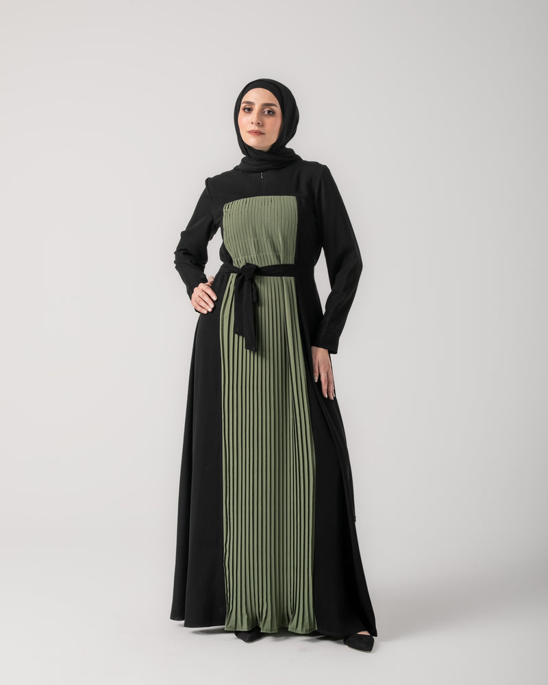 Front & Back Pleated Abaya Green C218