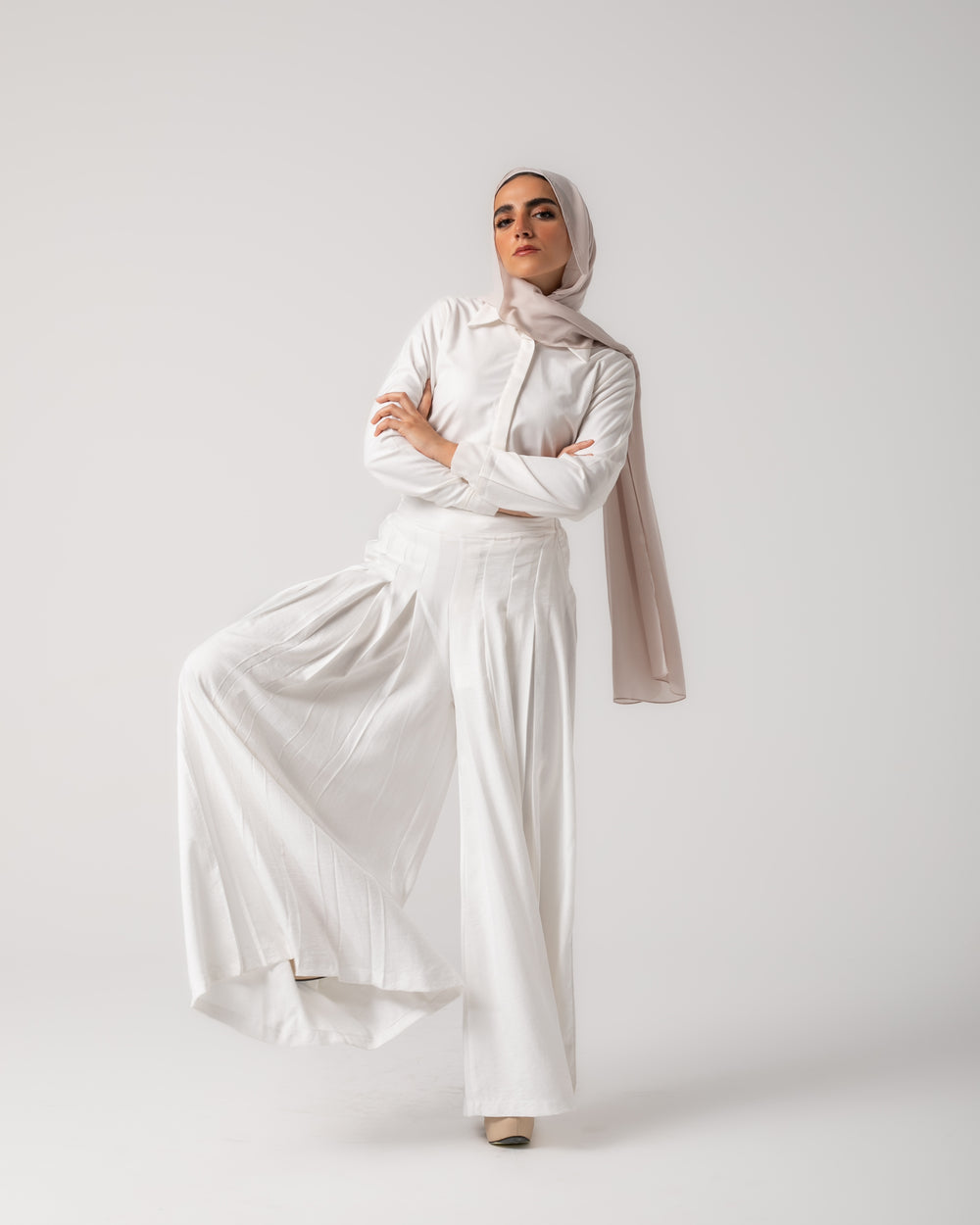 Linen Pleated Jupe Pantalon Offwhite C148