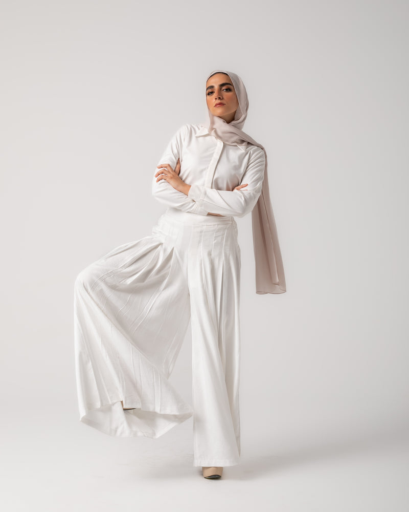 Linen Pleated Jupe Pantalon Offwhite C148