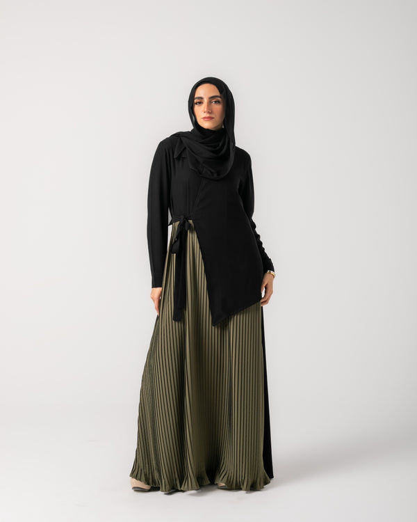 Side Wrap Pleated Abaya Olive C113