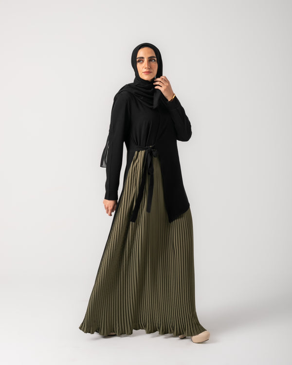Side Wrap Pleated Abaya Olive C113
