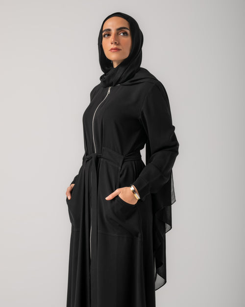 Zipper Abaya With Waist Tie C188