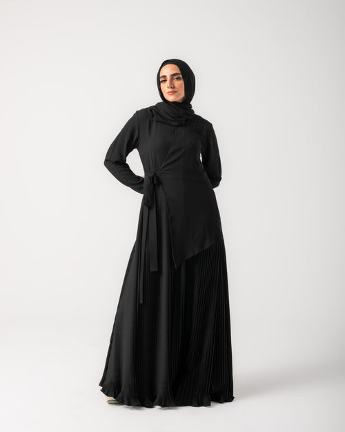 Side Wrap Pleated Abaya Black C113