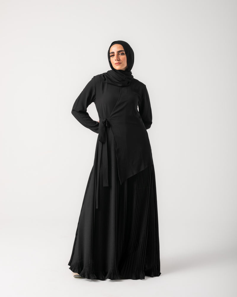 Side Wrap Pleated Abaya Black C113