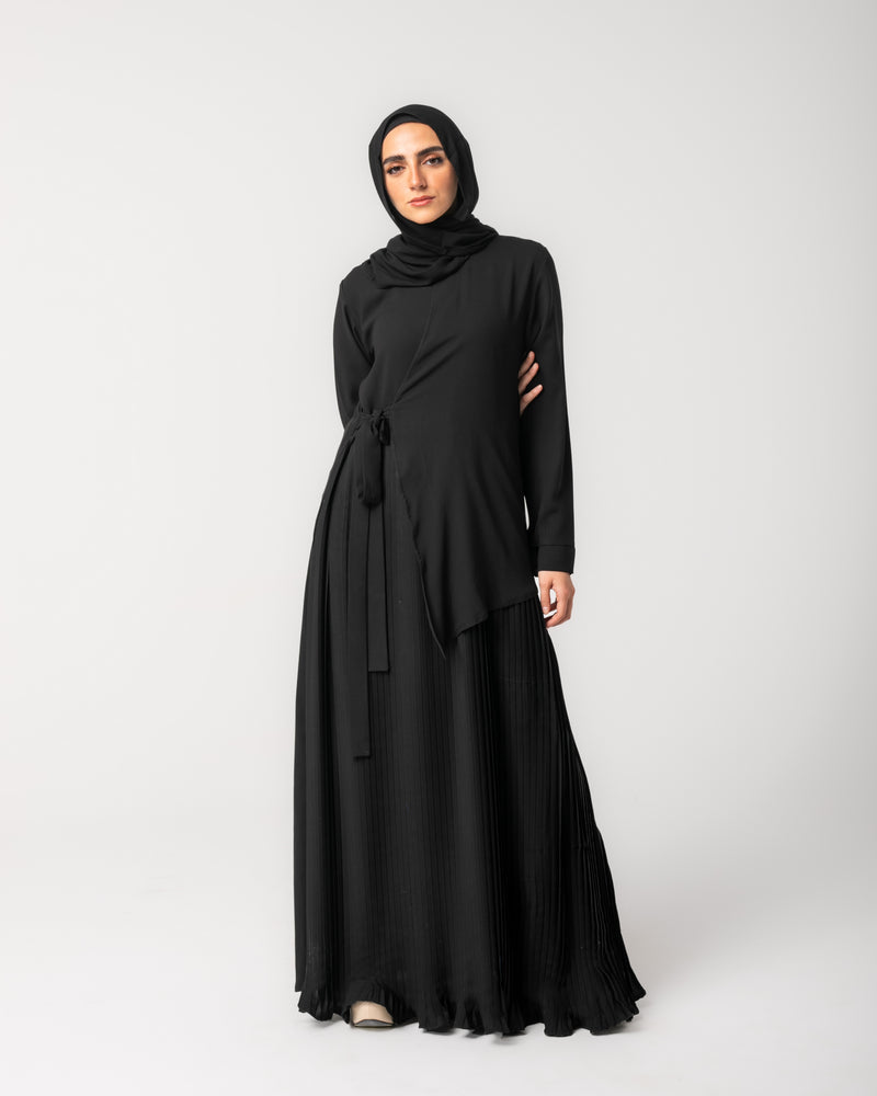 Side Wrap Pleated Abaya Black C113
