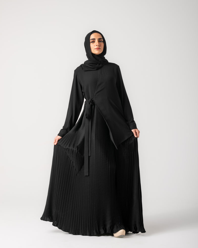 Side Wrap Pleated Abaya Black C113