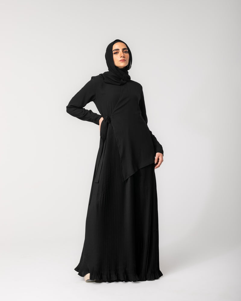 Side Wrap Pleated Abaya Black C113