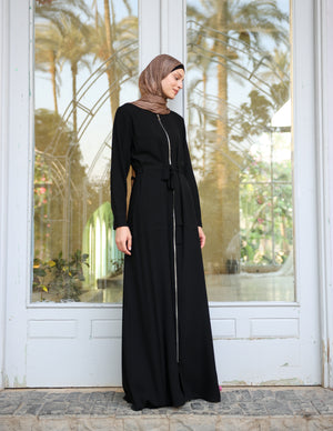 Zipper Abaya With Waist Tie C188