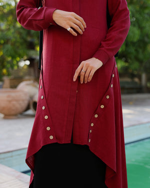 High Low Linen Buttoned Shirt Maroon C2751
