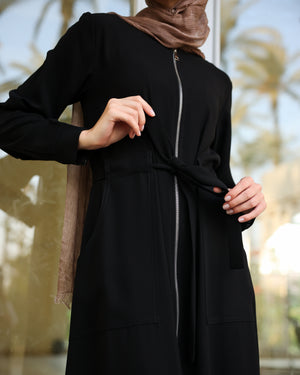 Zipper Abaya With Waist Tie C188