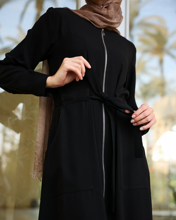 Zipper Abaya With Waist Tie C188