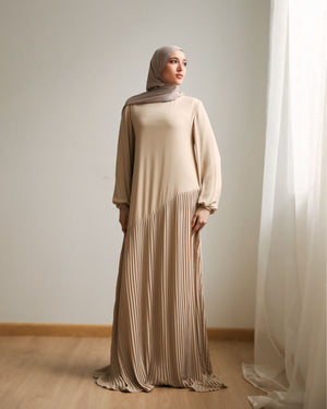 Pleated Chiffon Dress Beige C74