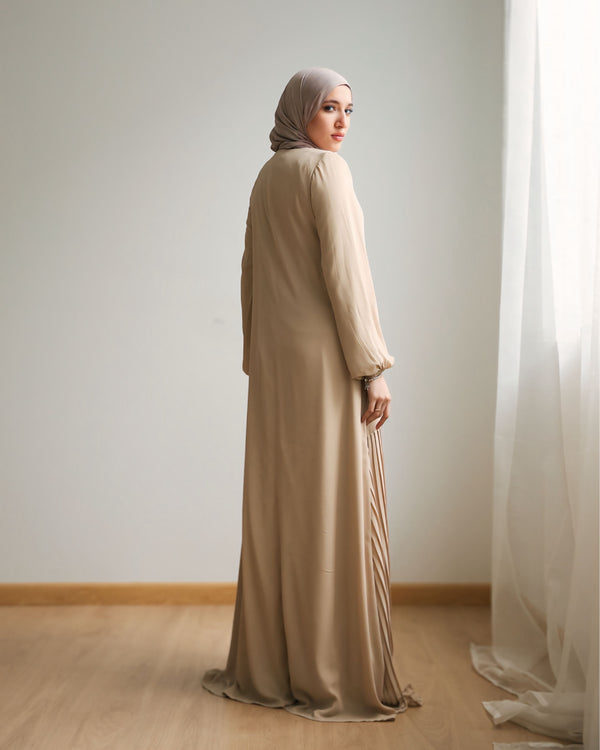 Pleated Chiffon Dress Beige C74
