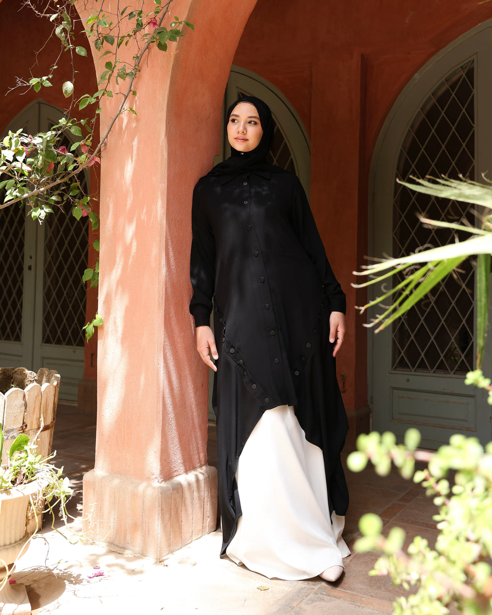High Low Crepe Buttoned Shirt Black C275