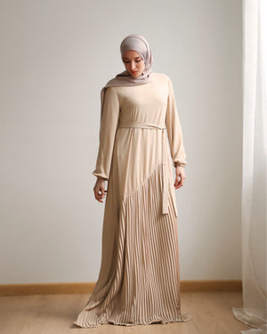 Pleated Chiffon Dress Beige C74