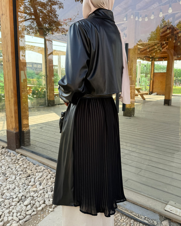 Back Pleated Leather Chemise Black C2342